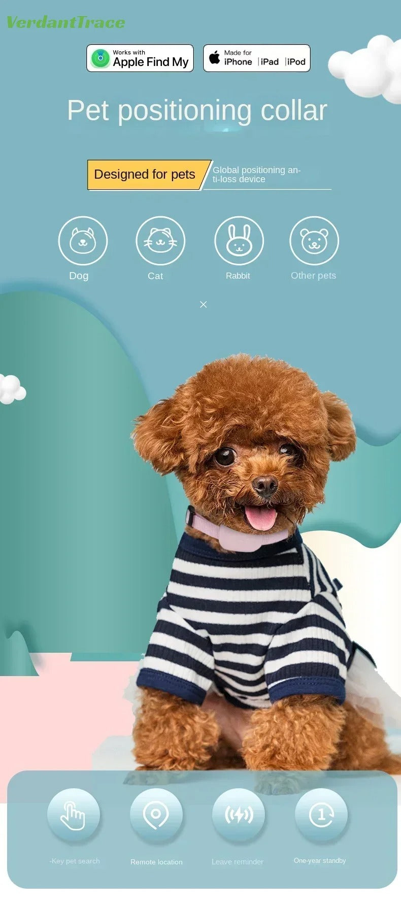 VerdantTrace Find My Pet Positioning Collar Waterproof Dog Gps Animal Tracking Movement Alert Anti Lost Tracker Cats Remote Global Locator for IOS