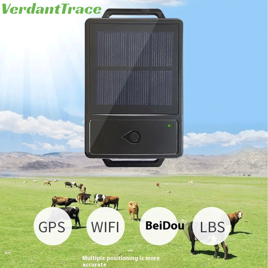 VerdantTrace VTH5 solar livestock tracker showing GPS, Wi-Fi, BeiDou and LBS multi-mode positioning for cattle