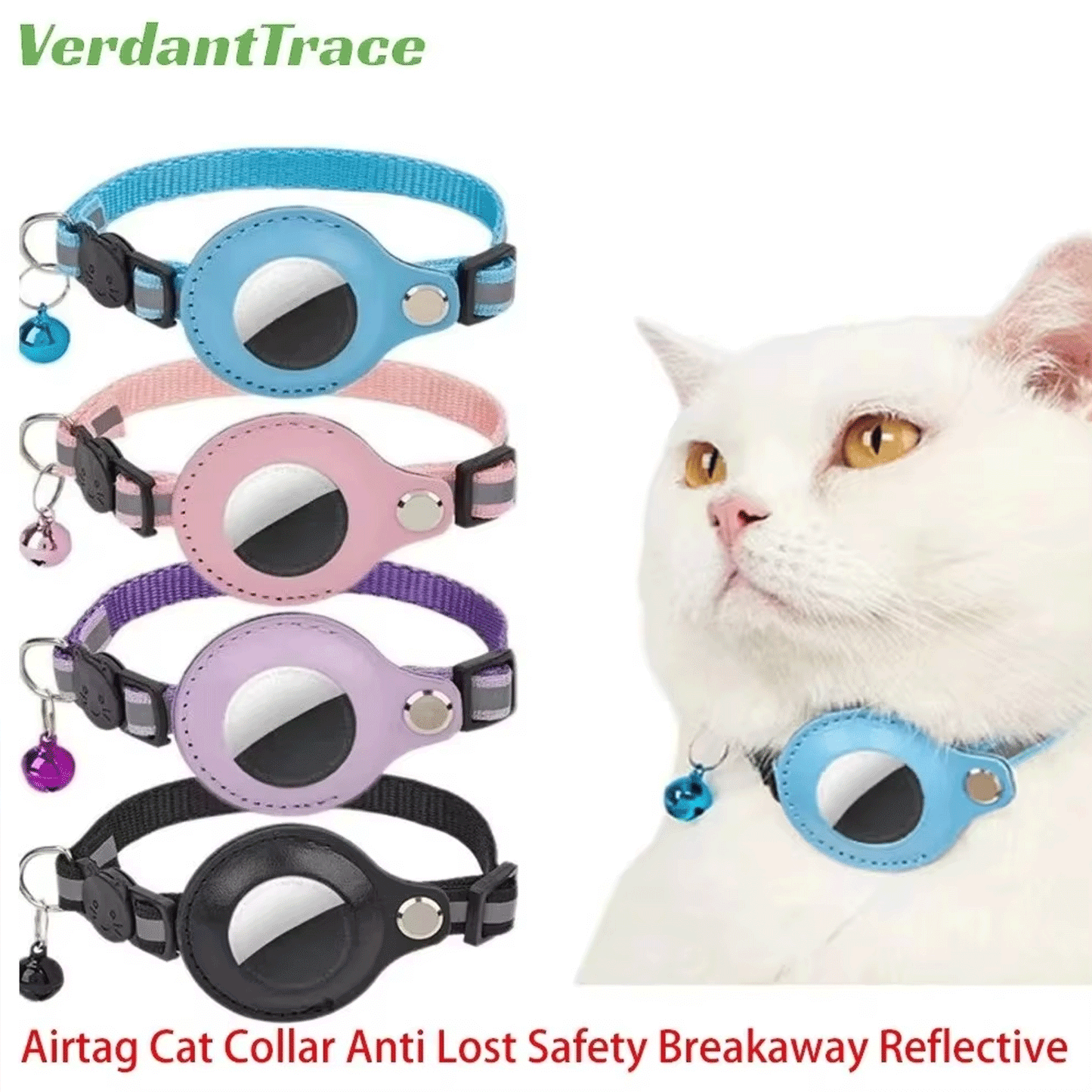 VerdantTrace AirTag Katzenhalsband – Reflektierendes Nylon, PU-Schutzhülle, Verstellbar 22–32 cm (ohne AirTag)