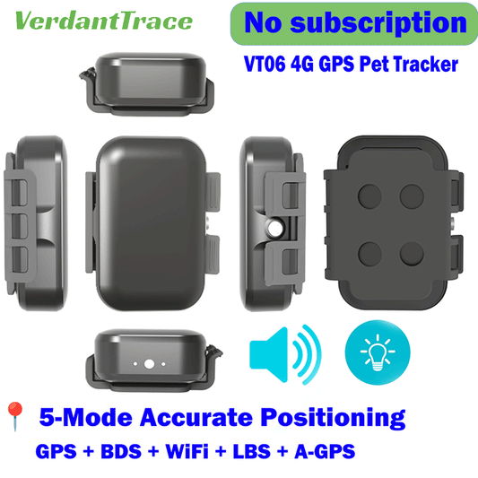 VerdantTrace VT06 4G pet tracker showing GPS, BDS, A-GPS, Wi-Fi and LBS five-mode positioning