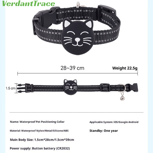 Black VerdantTrace VT22 mini Bluetooth pet finder tag attached to an adjustable pet collar