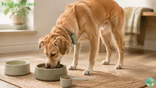 Dog eating a measured meal beside fresh water while naturally wearing a green P5 device