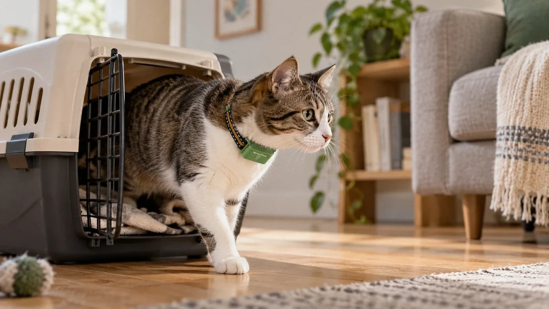 Newly adopted tabby cat wearing a green VerdantTrace tracker while cautiously leaving its carrier in a quiet living room.
