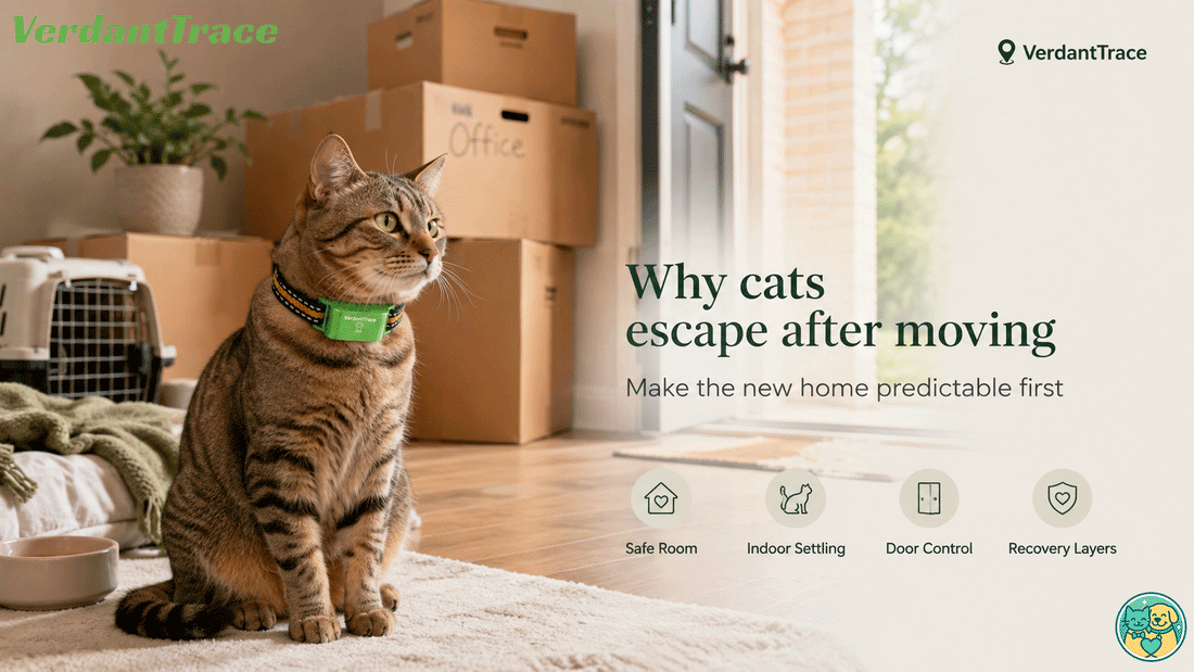 Cat near a new-home doorway during relocation with moving boxes and a calm safe-room setup