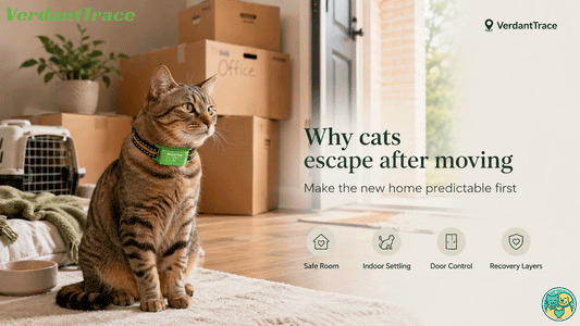 Cat near a new-home doorway during relocation with moving boxes and a calm safe-room setup