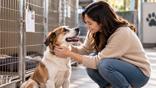 Prospective adopter meeting a rescue dog in a shelter
