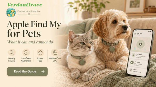 Apple Find My pet collar guide showing cat and dog with nearby finding and last-seen awareness limits