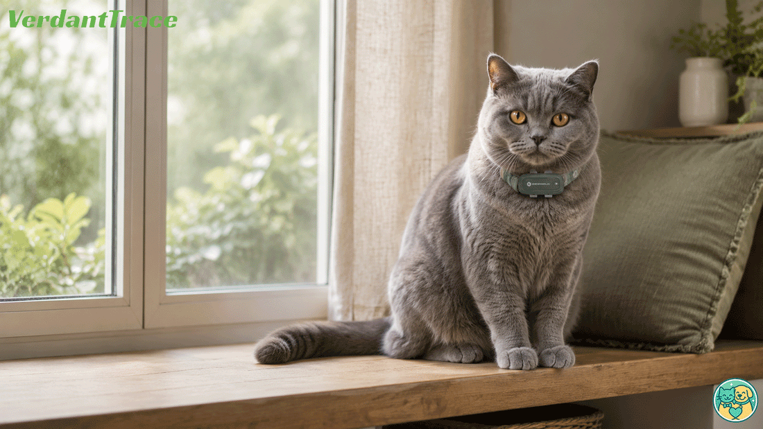 Adult blue British Shorthair wearing a VerdantTrace VTG2 tracker in a bright, secure living room