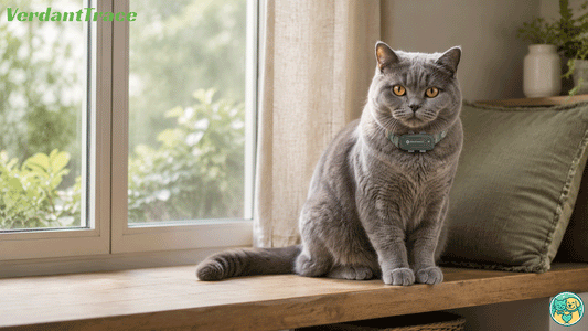 Adult blue British Shorthair wearing a VerdantTrace VTG2 tracker in a bright, secure living room