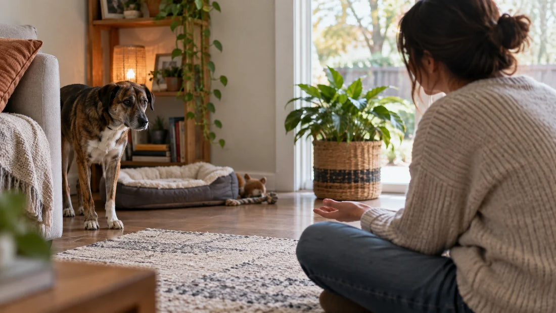 New rescue dog observing its owner from a comfortable distance in a quiet living room