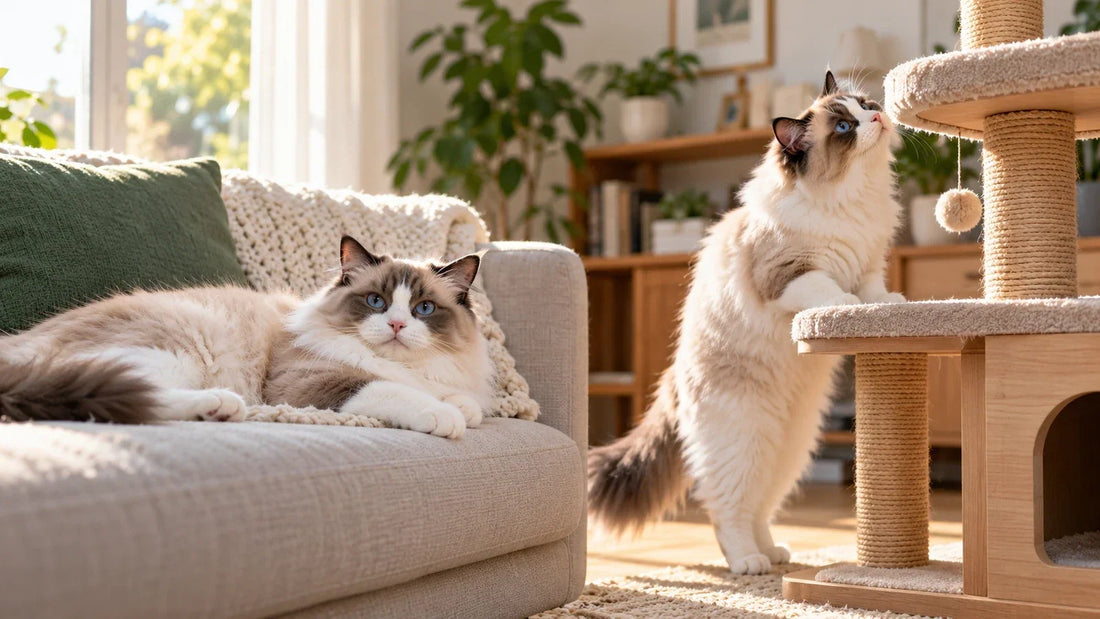 Two Ragdoll-type cats demonstrating different behaviors in a bright living room