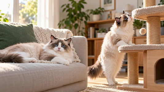 Two Ragdoll-type cats demonstrating different behaviors in a bright living room