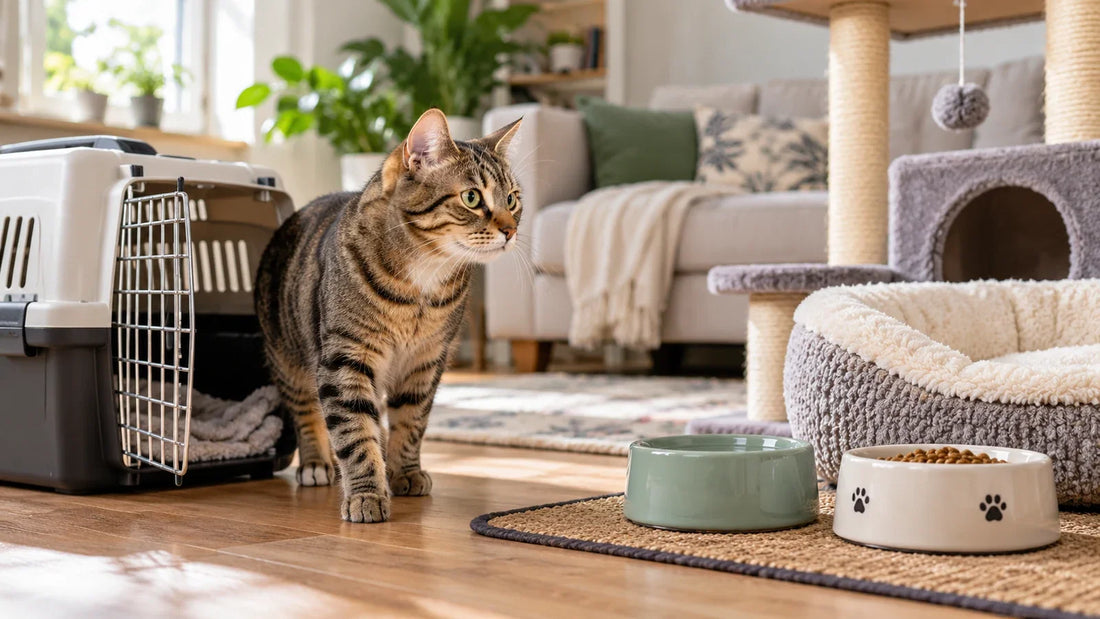 Newly adopted tabby cat calmly observing a prepared living space beside a pet carrier