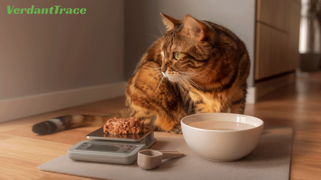 Adult cat beside a measured meal and water bowl in a balanced daily feeding routine