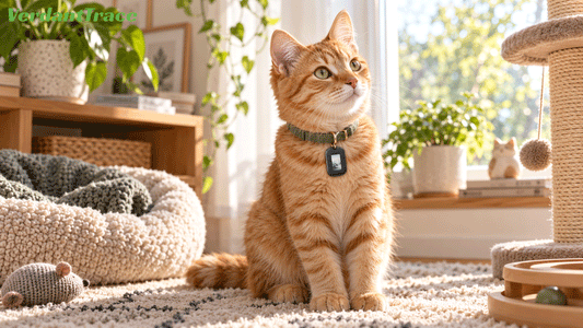 Young orange tabby cat wearing a VerdantTrace VT26 e-ink tracker in a safe enriched home