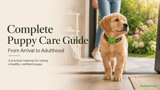 Golden retriever puppy at home wearing a VerdantTrace VT01 collar during the first week at home