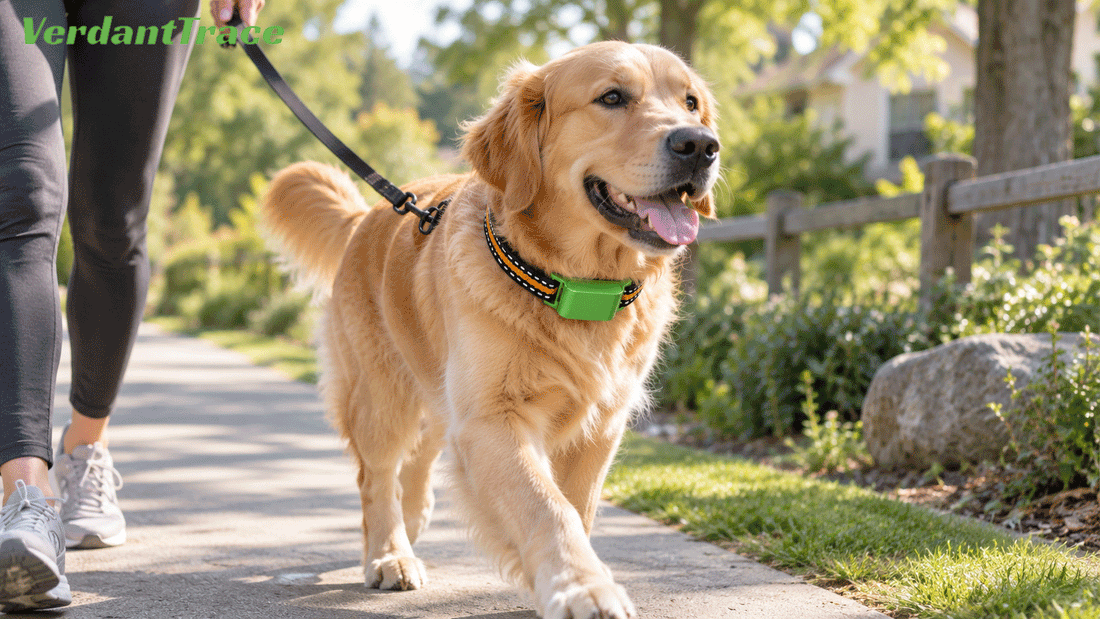 New dog supplies prepared at home with a dog wearing a tracking collar and essential items nearby