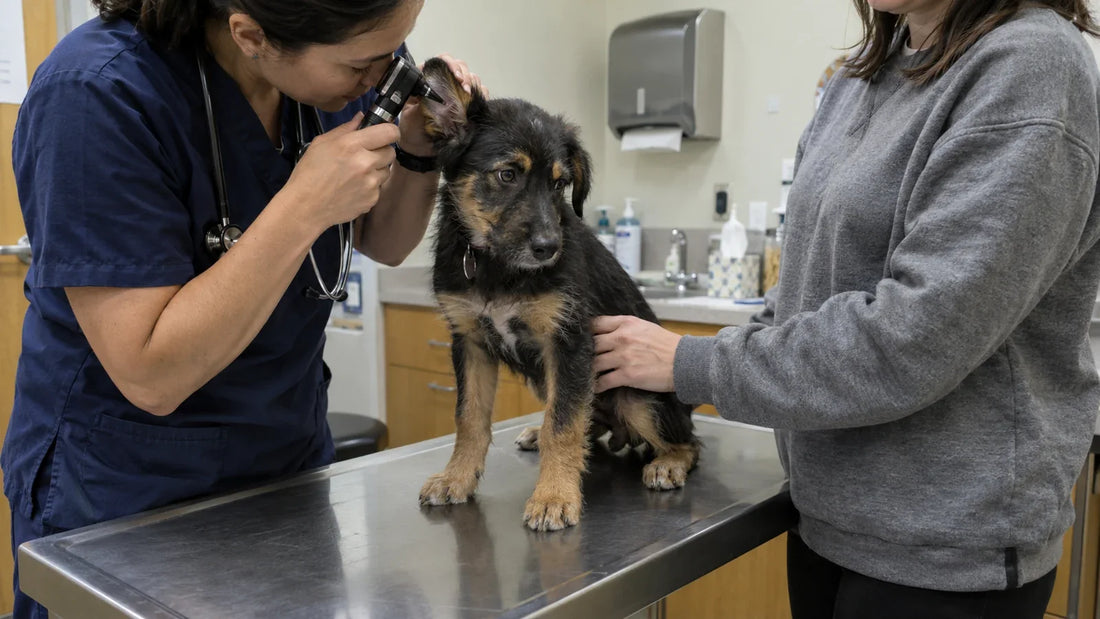 A veterinary professional examines the ear of a young mixed-breed puppy while its owner provides gentle support.