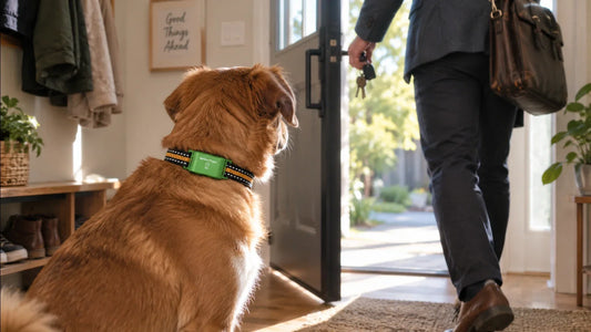 Dog wearing a green VT01 tracker while its owner prepares for work