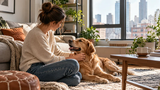 Woman interacting with her dog in a sunlit city apartment living room
