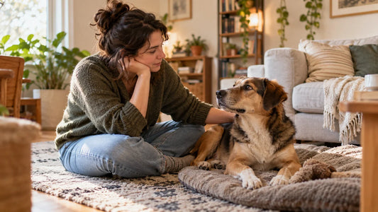 Person spending time with a mixed-breed dog in a comfortable home