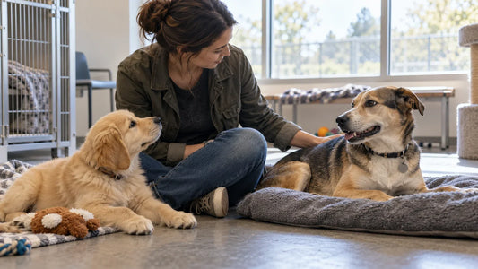 Prospective adopter meeting a puppy and an adult dog in a calm adoption room