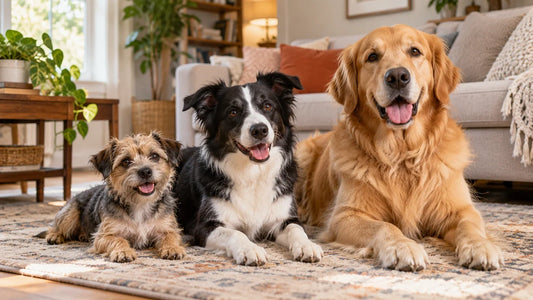 Small, medium, and large dogs resting together in a family living room