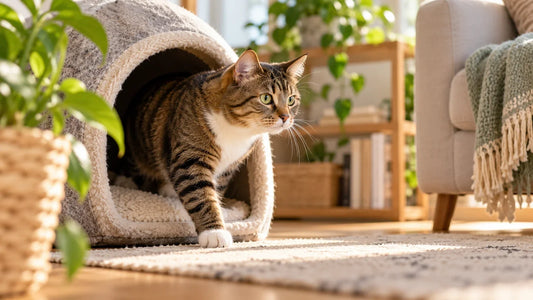 Newly adopted tabby cat cautiously emerging from a safe hiding place in a quiet home