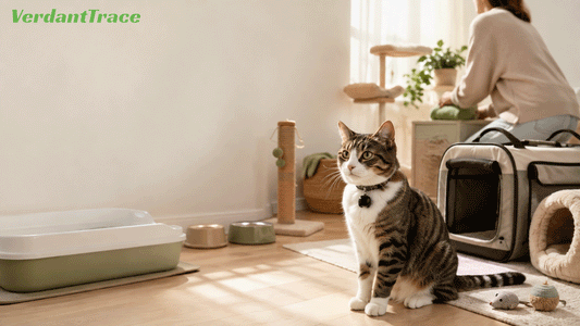 First-time cat owner preparing a safe home for a new cat with essential supplies and a lightweight tracker
