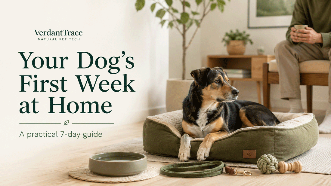 First week with a new dog at home with a calm resting area water bowl leash and predictable daily routine