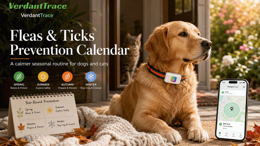 Dog and cat seasonal flea and tick prevention calendar with outdoor pet care routine