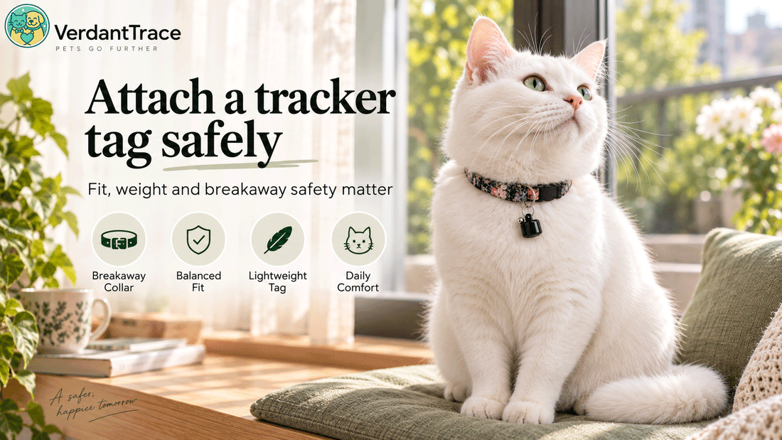 Cat wearing a low profile AirTag collar with secure breakaway buckle and comfortable fit