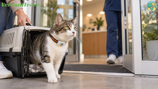 Cat wearing a VerdantTrace VTG2 tracker collar arriving at a modern veterinary clinic