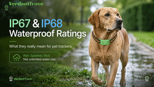 IP67 and IP68 waterproof rating guide for pet GPS trackers showing rain, wet grass, puddles, and outdoor pet safety use