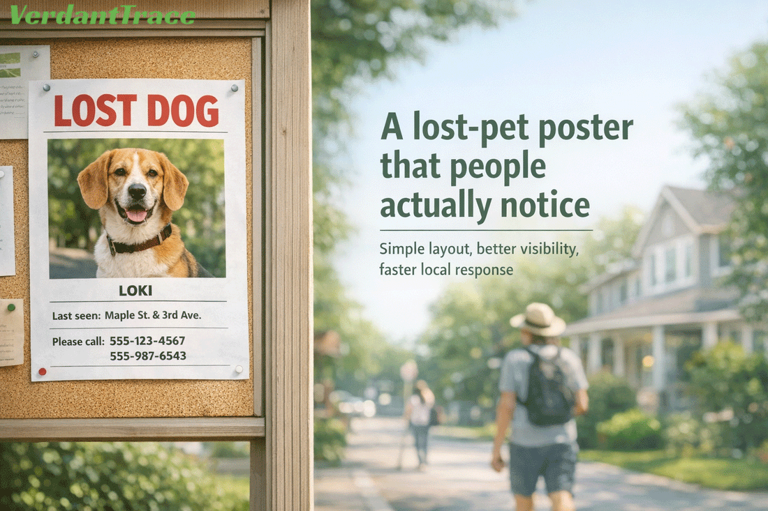 Lost pet poster template guide showing a missing dog and cat flyer layout with recovery and distribution tips