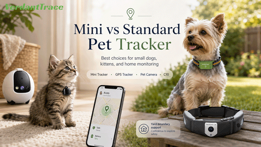 Mini tracker, GPS pet tracker, pet camera, and C10 compared for small dogs and kittens in a calm home and yard setting