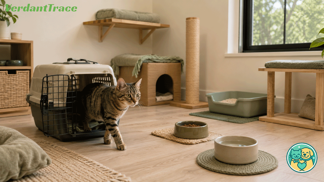 New cat settling into a quiet starter room with separated food water litter hiding and scratching resources
