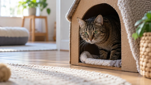 Shy newly adopted tabby cat observing its new home from a safe hiding place