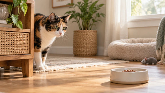 Newly adopted calico cat cautiously looking toward an untouched food bowl in a quiet starter room.