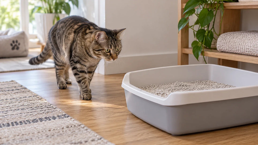 Newly adopted tabby cat cautiously approaching a clean uncovered litter box in a quiet room