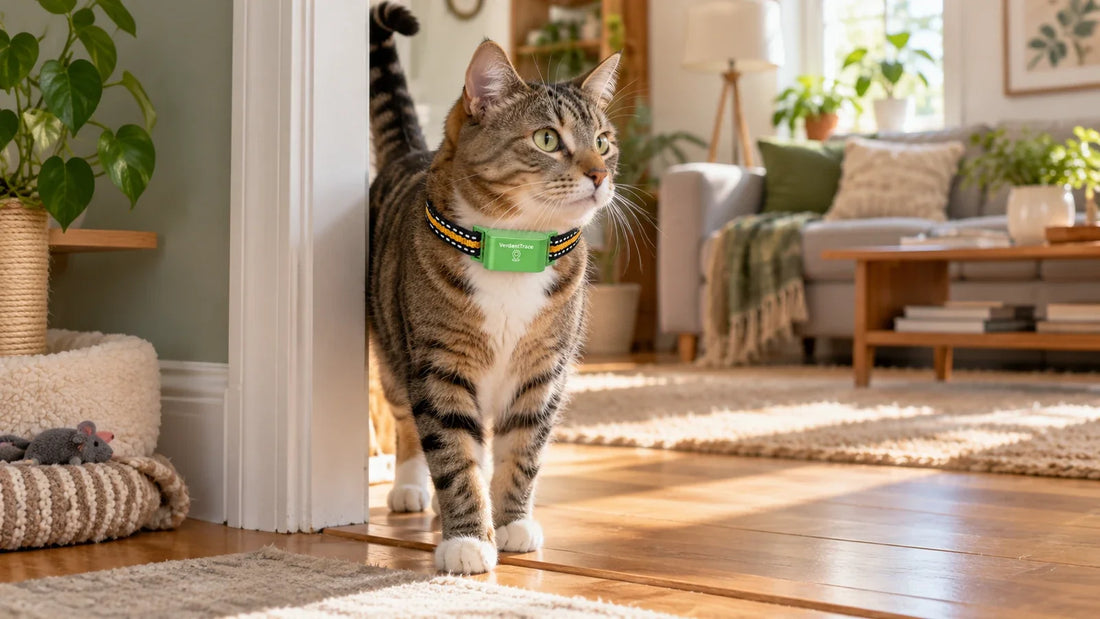 Adult tabby cat wearing a VerdantTrace VT01 tracker while exploring an open interior doorway at home.