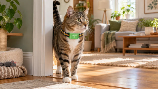 Adult tabby cat wearing a VerdantTrace VT01 tracker while exploring an open interior doorway at home.