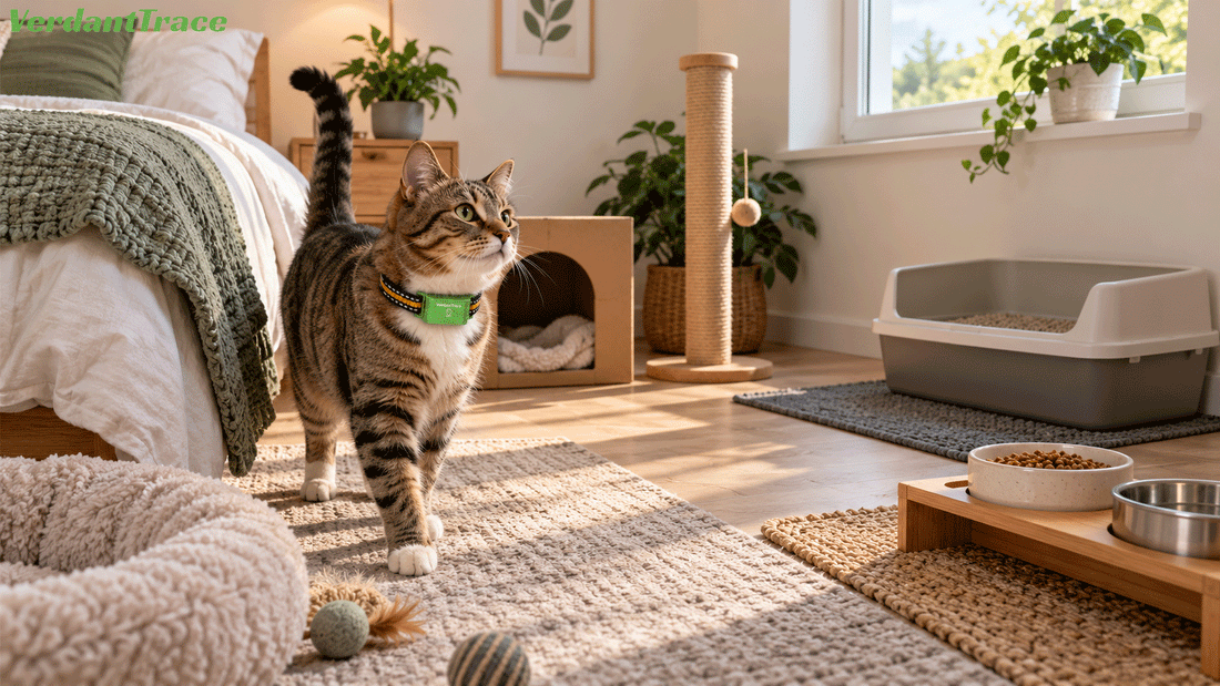 Newly adopted cat voluntarily stepping out of an open carrier into a quiet safe room with familiar bedding and a hiding place