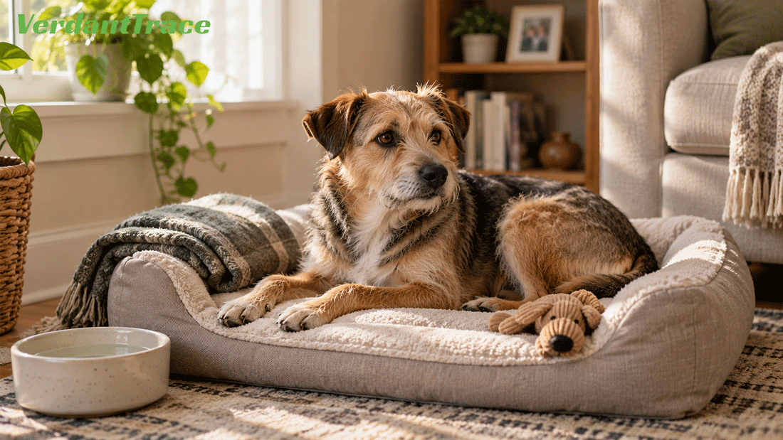 New dog resting in a calm safe space at home