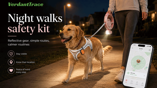 Dog wearing reflective gear during a calm night walk with a lighted leash and pet GPS tracker
