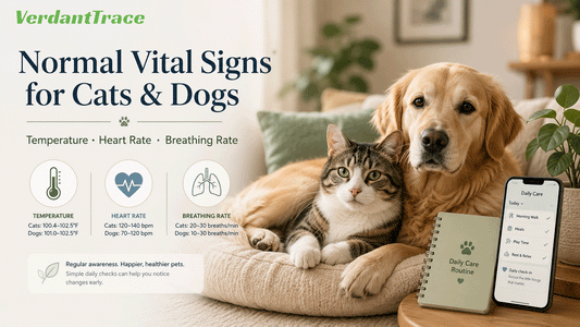 Calm cat and dog resting at home with a simple pet vital signs guide for temperature heart rate and breathing rate