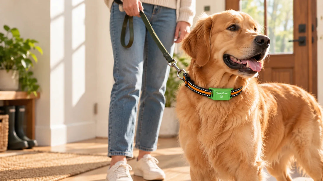 Golden retriever wearing a green VT01 tracker as its owner prepares for a supervised walk.