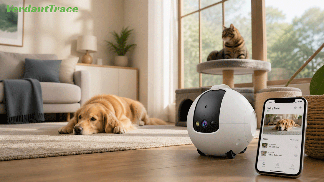 Pet monitoring camera placement setup in a modern home with a calm dog and cat near a smartphone showing indoor pet monitoring