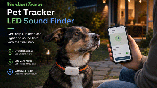 Pet tracker LED sound finder helping locate a dog nearby in a calm evening yard
