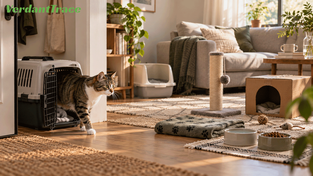 Quiet home prepared with a carrier, litter box, scratching post and resting area before bringing a new cat home